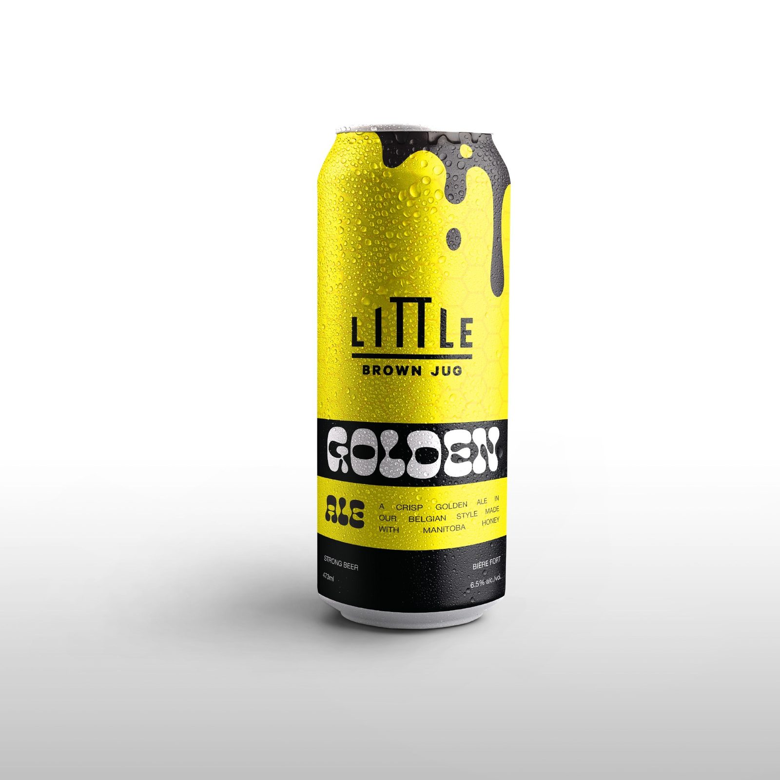 Little Brown Jug Golden Ale can, bright yellow with black dripping honey at the top