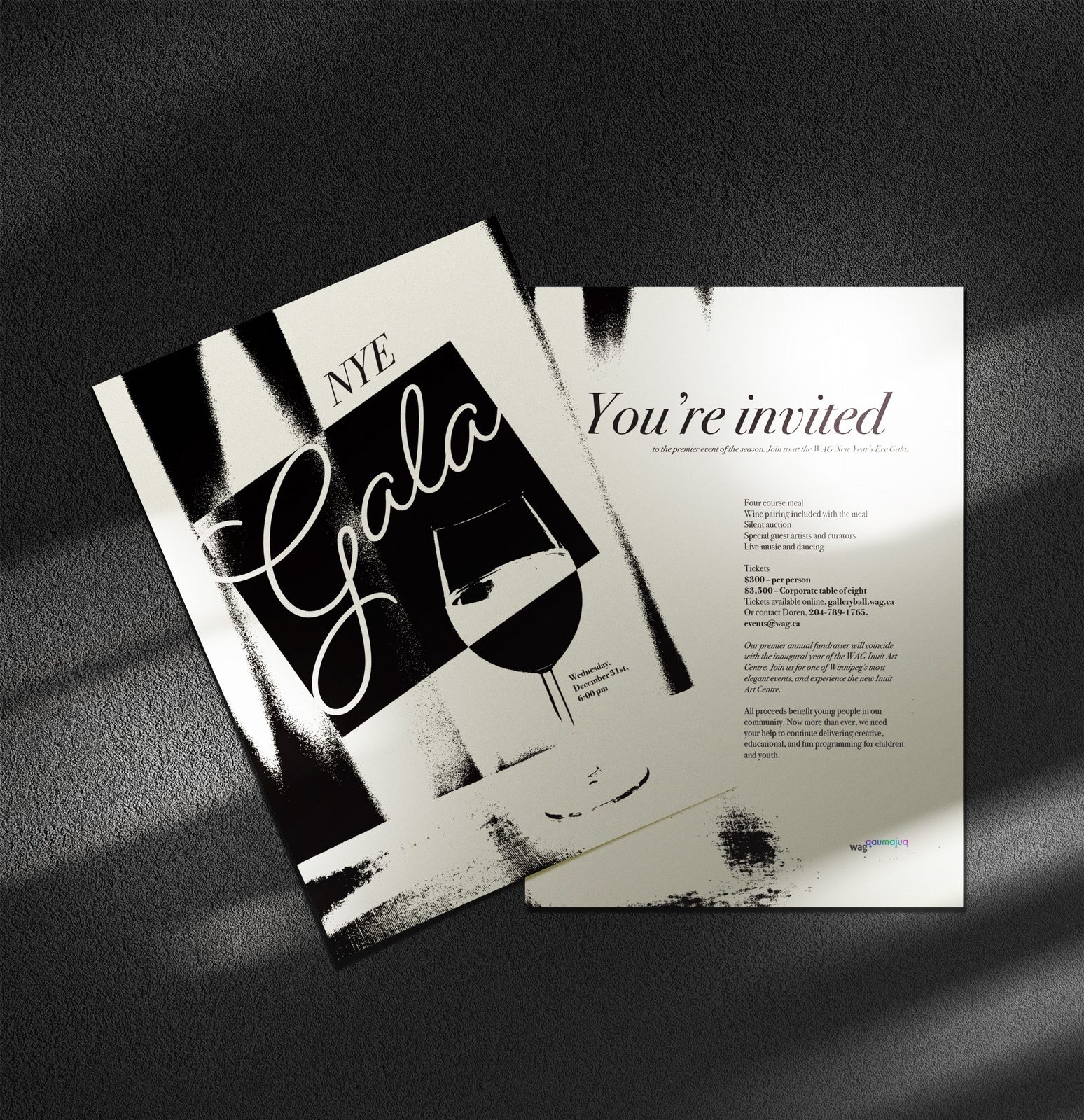 NYE Gala invitation front and back in black and cream, with a script Gala wordmark and a wine glass