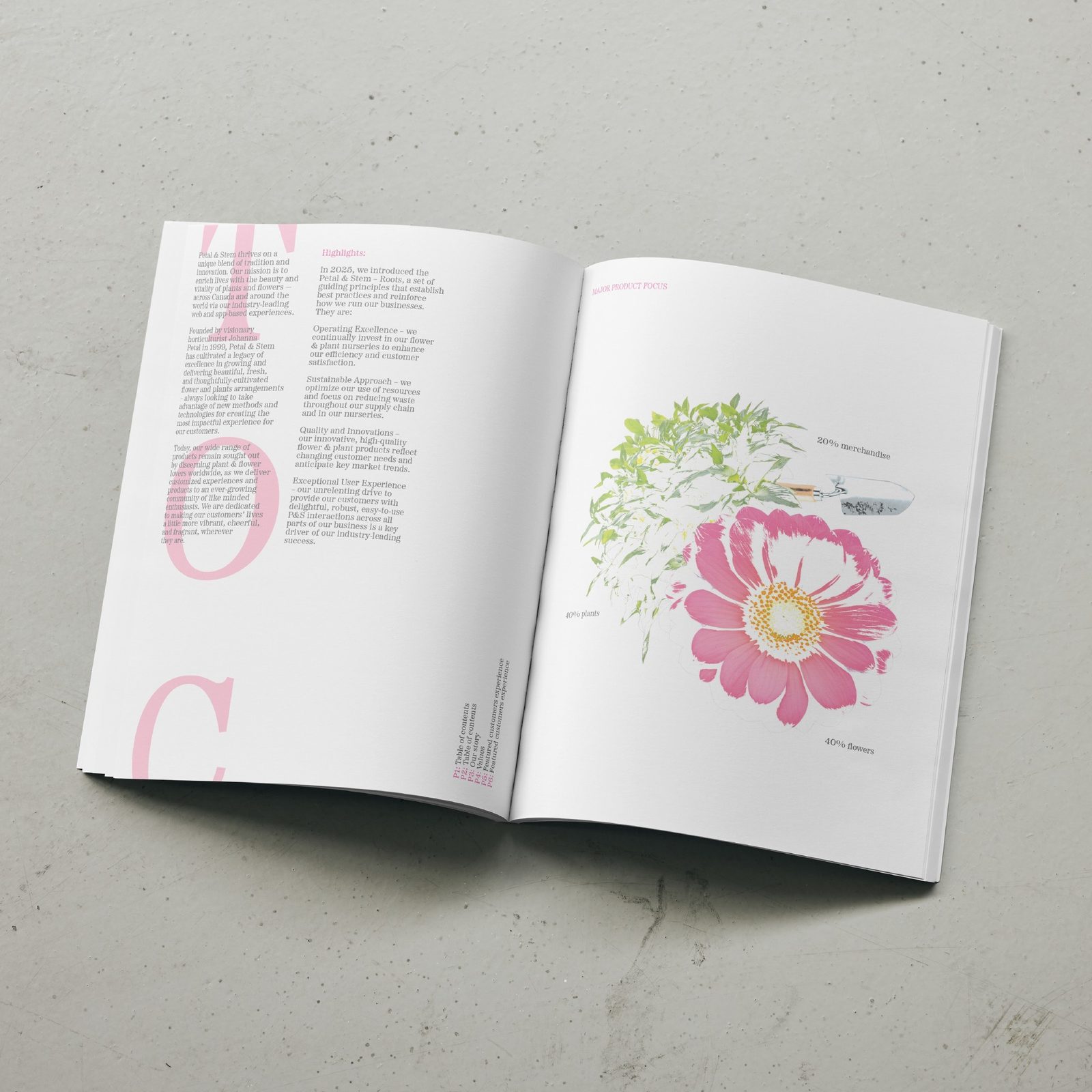 Petal and Stem annual report open to a contents spread with a large pink flower illustration